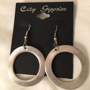 Brushed SILVER Circle Dangle Earrings