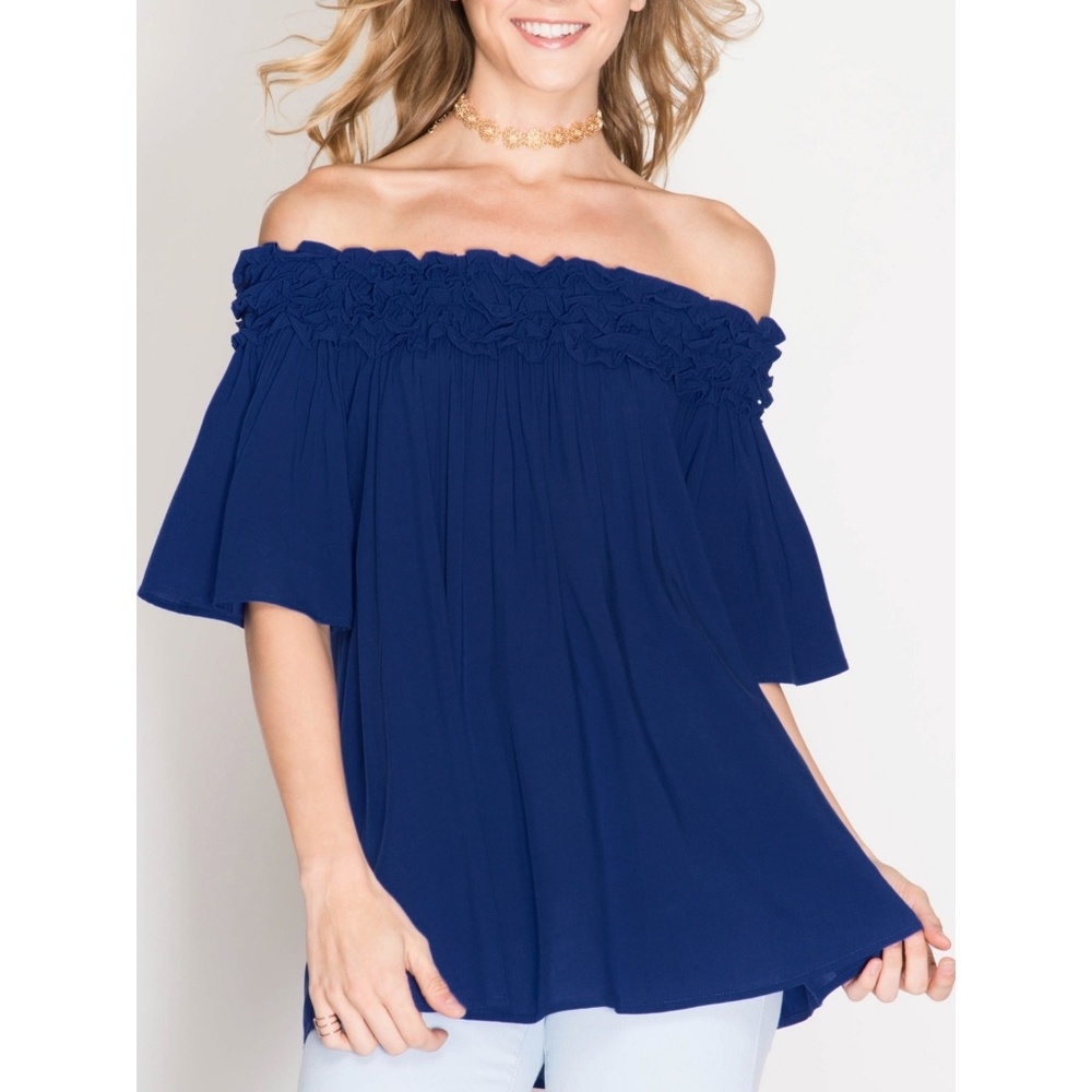 She + Sky Blue Ruffle Off Shoulder Top Shirt Blouse - Picture 1 of 10