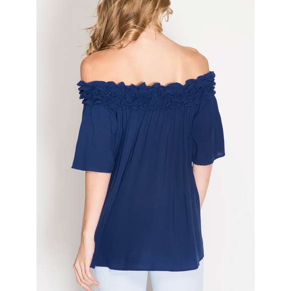 She + Sky Blue Ruffle Off Shoulder Top Shirt Blouse - Picture 3 of 10