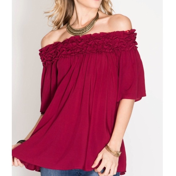 She + Sky Blue Ruffle Off Shoulder Top Shirt Blouse - Picture 4 of 10