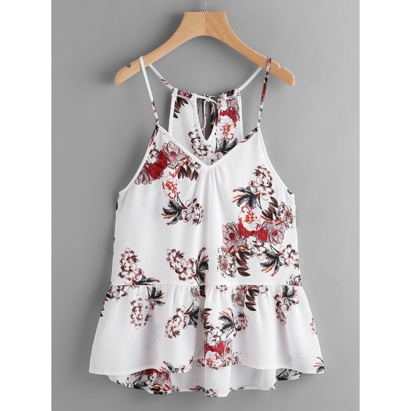 Tops - ✨3xHP✨Flower Keyhole Self Tie Back Peplum Cami✨