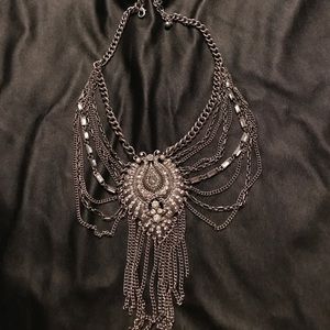 Boho bib silver and rhinestone necklace