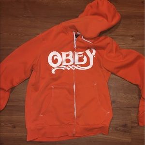 Obey full zip hoodie orange Men's large