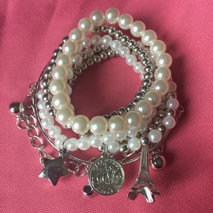 BOGO Eiffel Tower Charm Pearl Bead Bracelets 6 pc