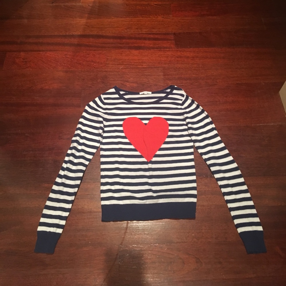 Blue and White striped Sweater with Orange Heart