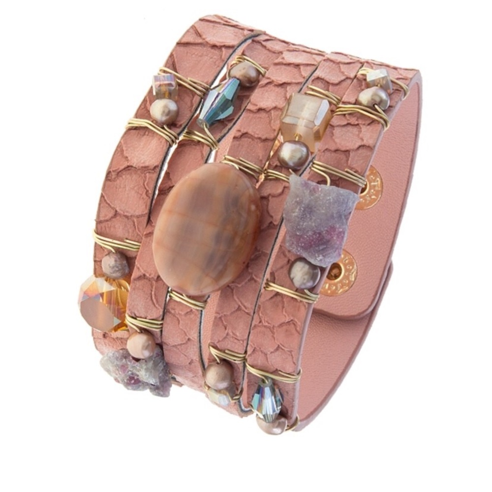 Peach w/ jewels on faux leather snap Wrist Cuff