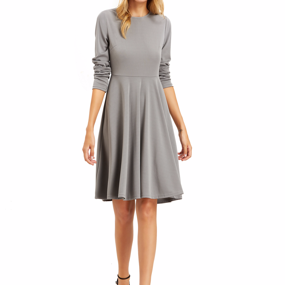 Gray, Long Sleeves A-Line Dress