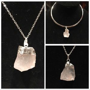 Genuine Rose Quartz w/silver leafing & 18" chain