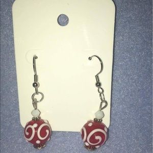 Handmade red and white beaded earrings