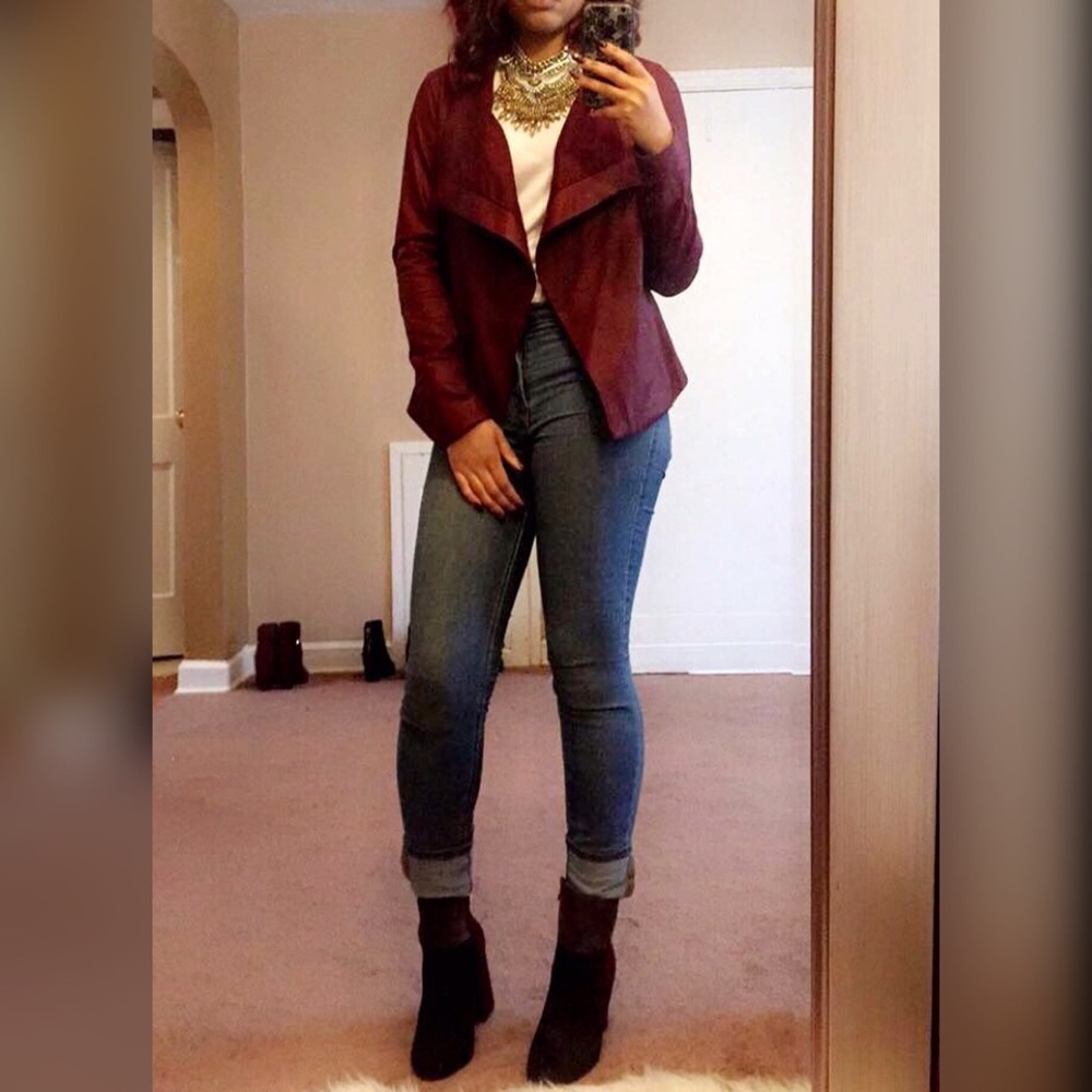 Burgundy Asymmetrical Drape Neck Leather Jacket