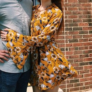 Floral mustard bell sleeved dress