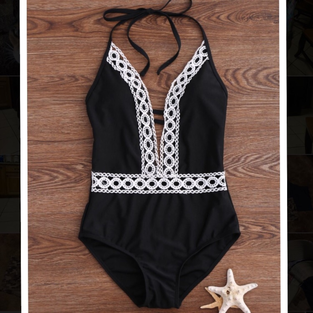 Crochet Panel Halter Backless One Piece