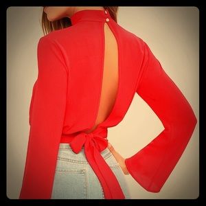 Red Mock Neck Crop Top Open Back