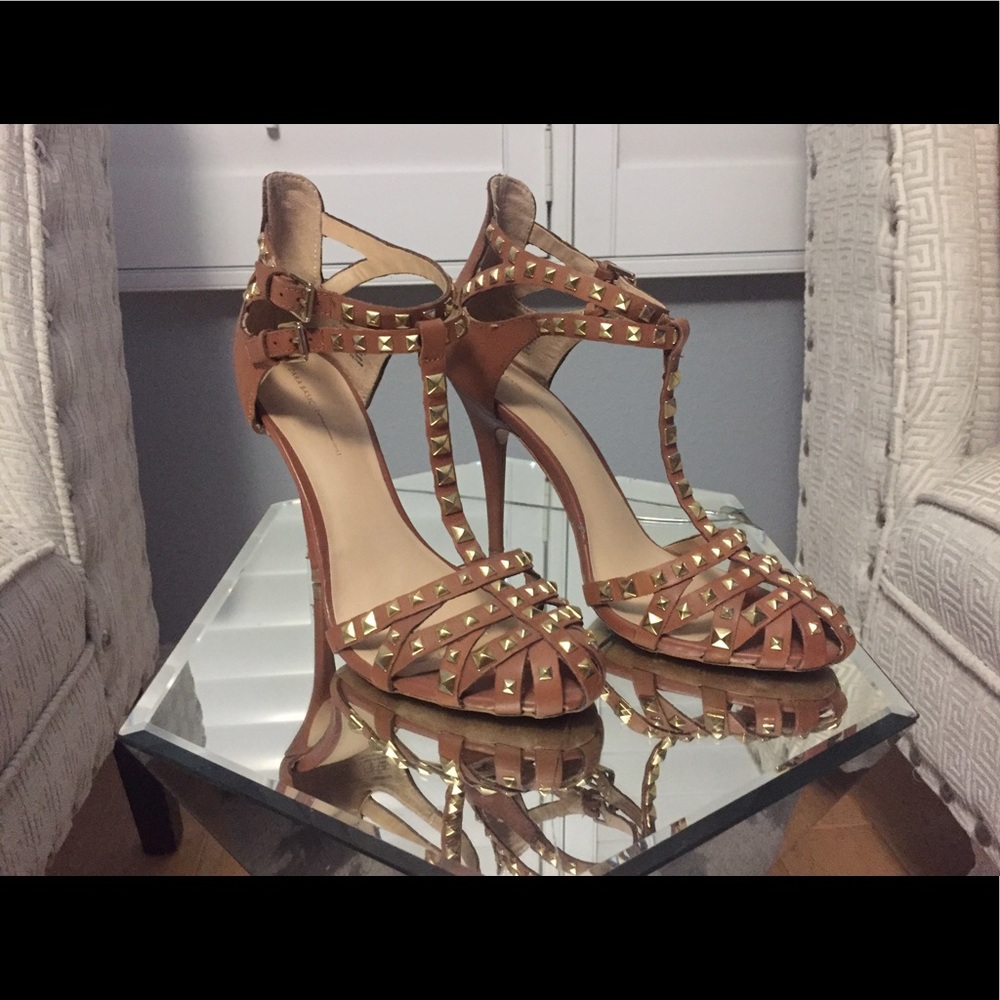 Zara Brown Leather Gold Studded Heels