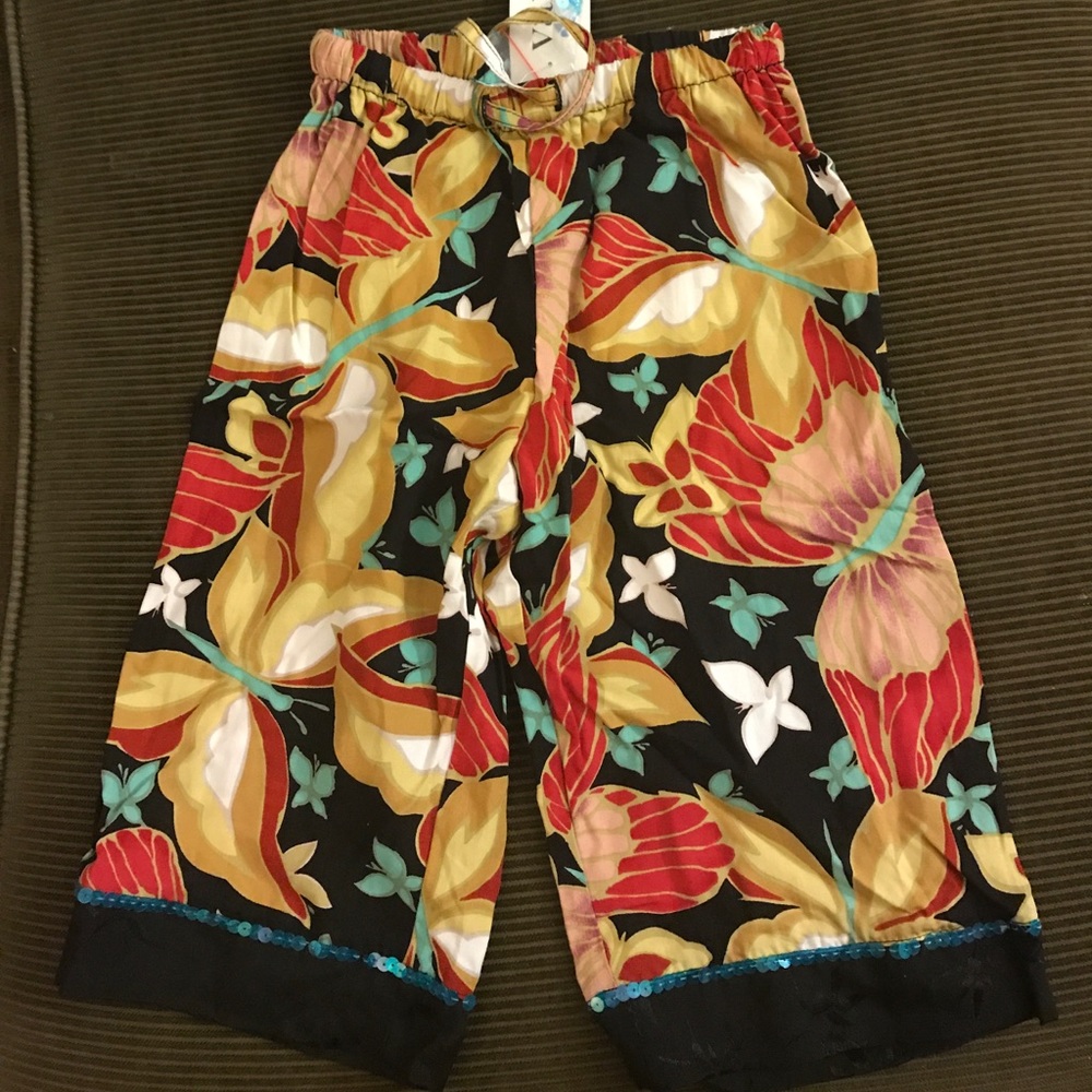 Rayon butterfly-print pants, sequin trim, age 4