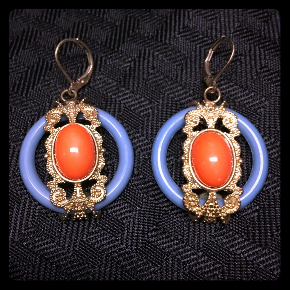 Funky Blue Orange & Gold Earrings