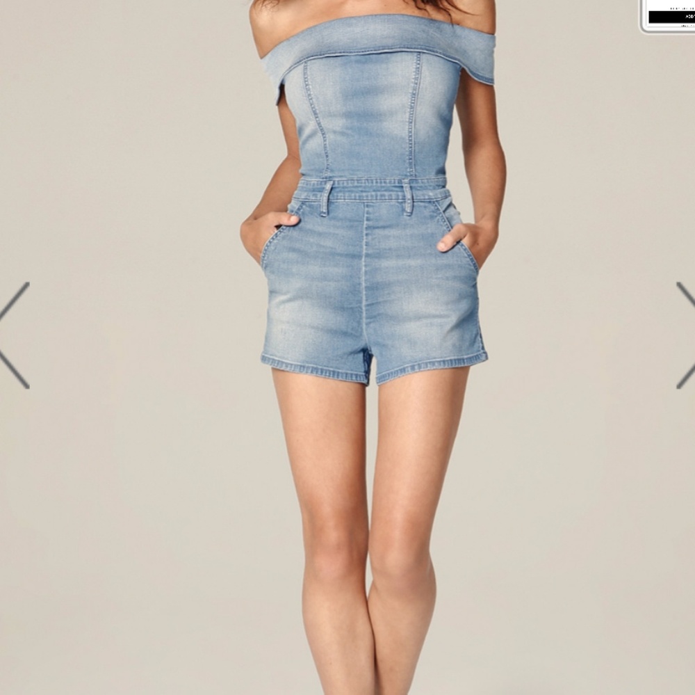 Bebe Denim off shoulder romper