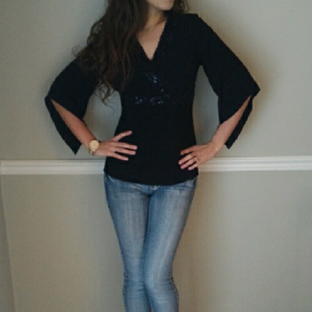 Black Bell Sleeve and Sequined V Neck Top