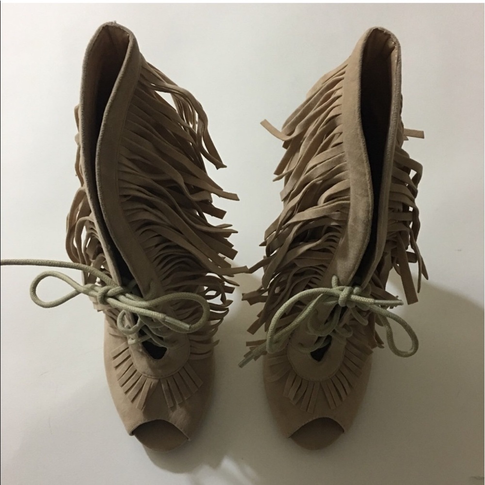 Nude Tan Fringe High Heel Tie Bootie