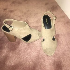 Open toed taupe booties