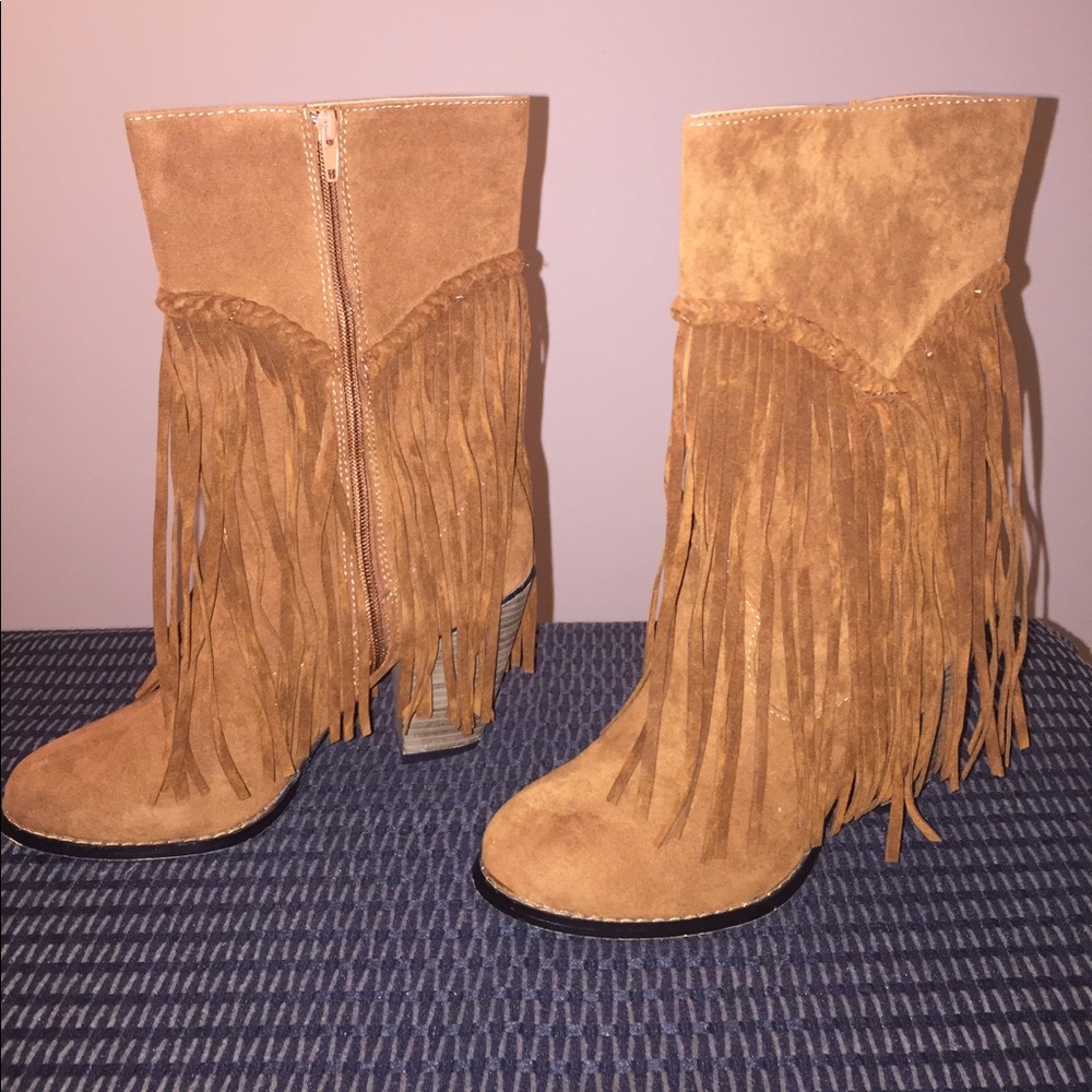 Rust colored fringe boots