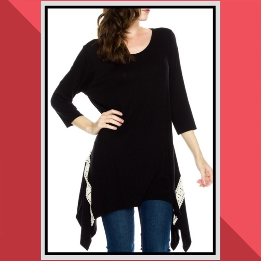 PLUS SIZE 3/4 sleeve TUNIC TOP WITH CROCHET DETAIL