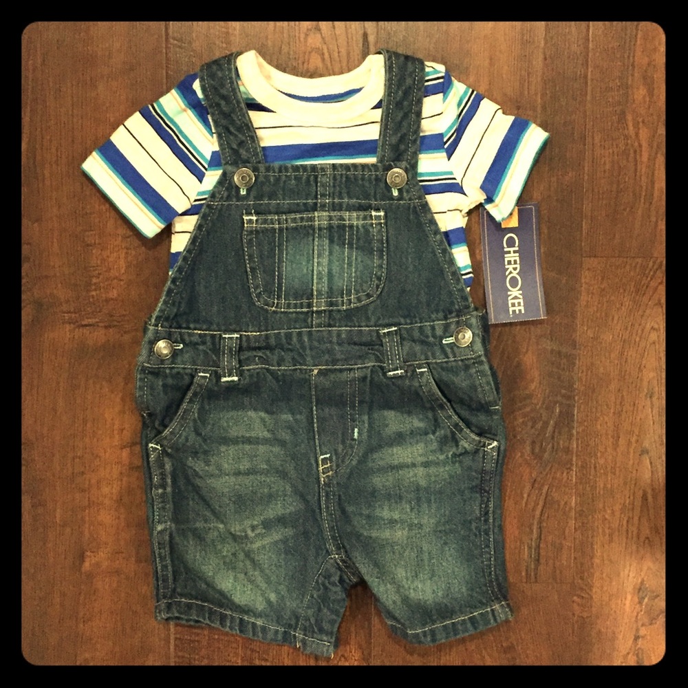(Cherokee) Boys Denim Overalls & Striped Onesie