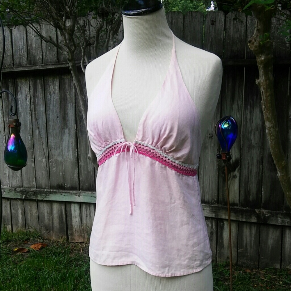 Pink Festival Halter Top With Crochet Trim