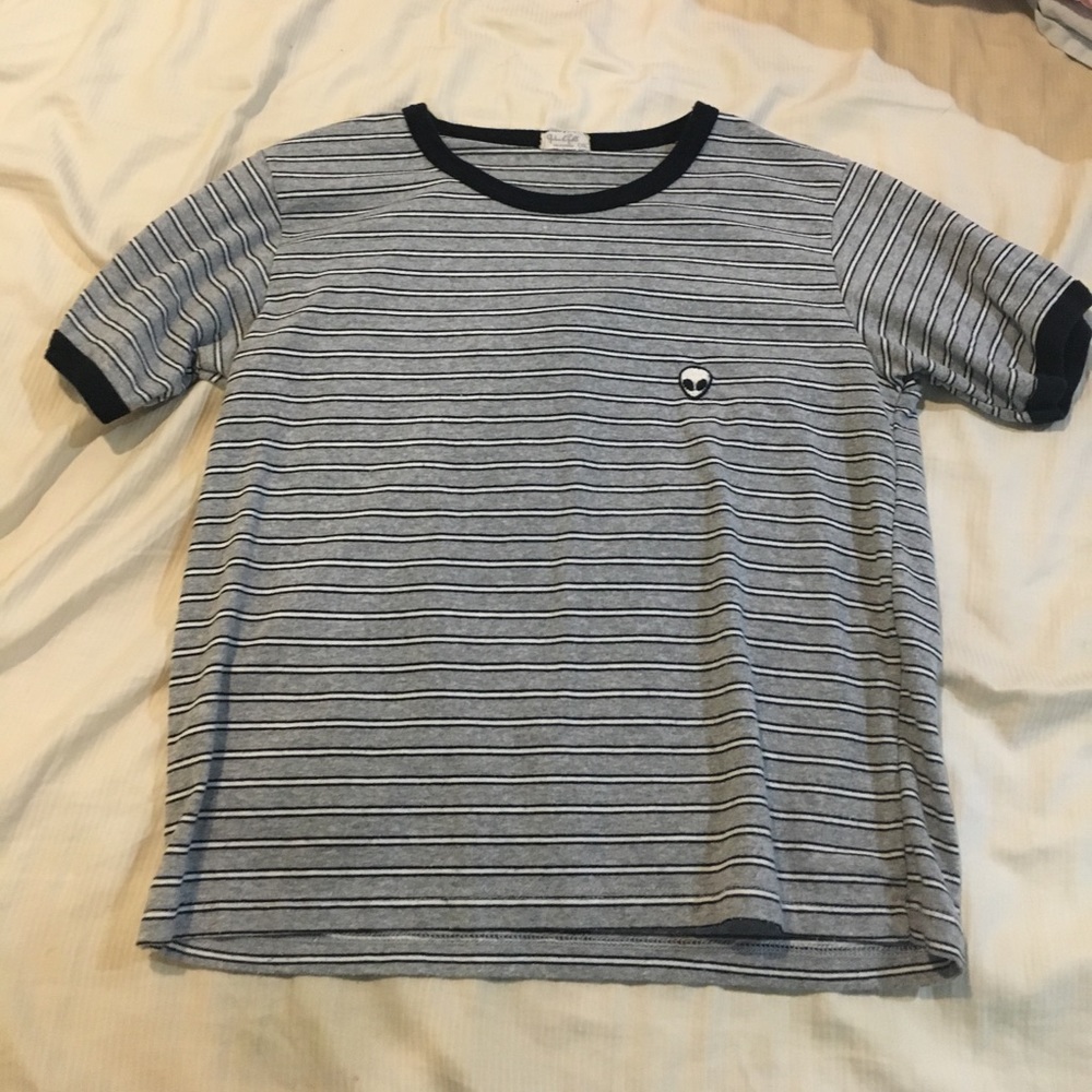 Brandy Melville Striped Alien patch ringer tee
