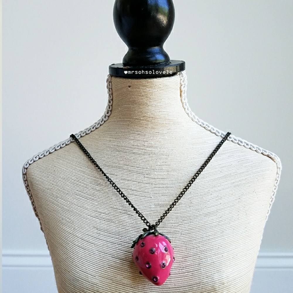 Pink Strawberry enamel with rhinestone necklace