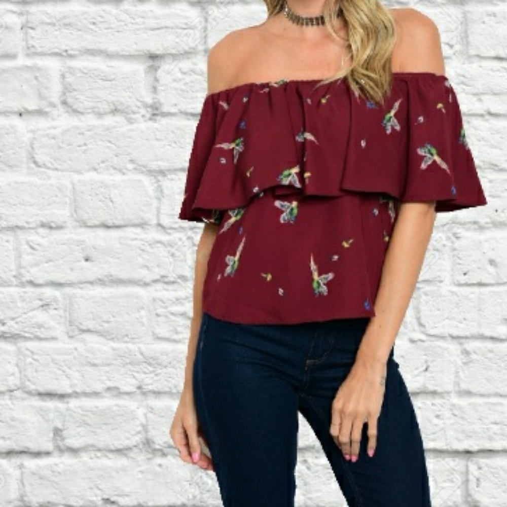 WINE BIRD PRINT OFF SHOULDER TOP - Picture 6 of 8