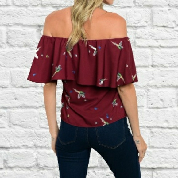 WINE BIRD PRINT OFF SHOULDER TOP - Picture 7 of 8