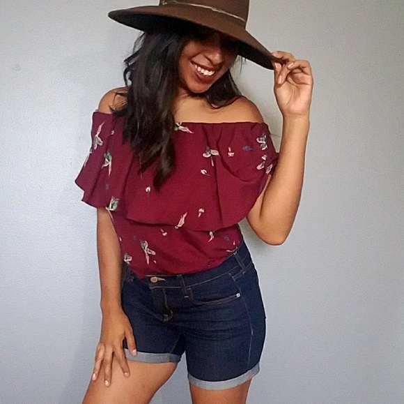 WINE BIRD PRINT OFF SHOULDER TOP - Picture 5 of 8