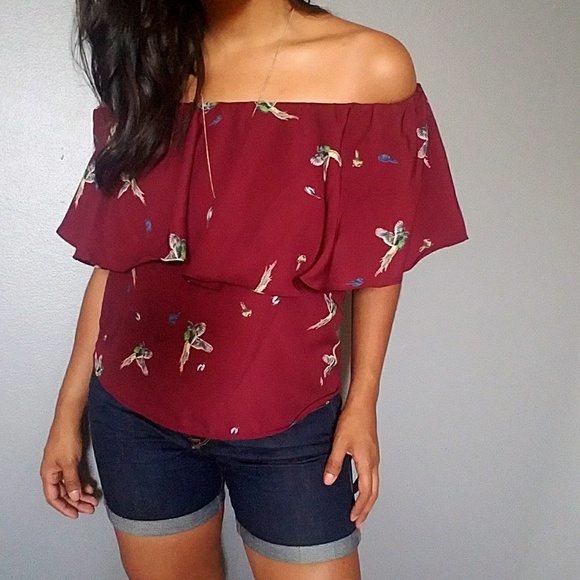 WINE BIRD PRINT OFF SHOULDER TOP - Picture 2 of 8