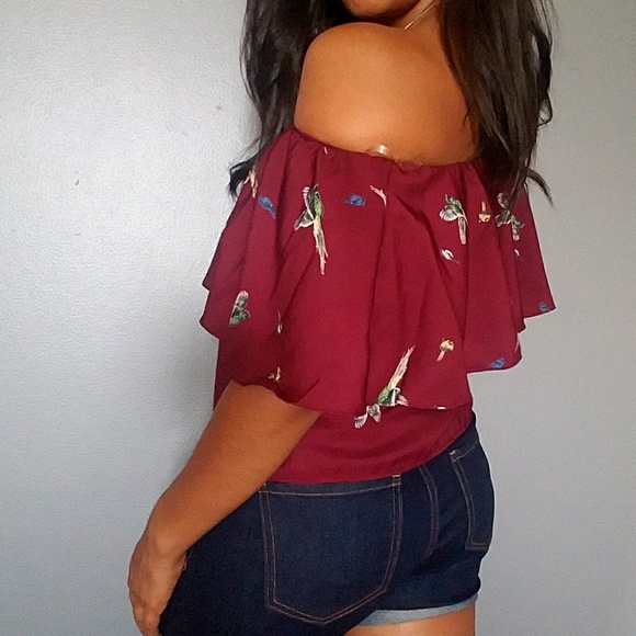 WINE BIRD PRINT OFF SHOULDER TOP - Picture 3 of 8