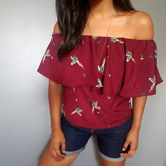 WINE BIRD PRINT OFF SHOULDER TOP - Picture 4 of 8