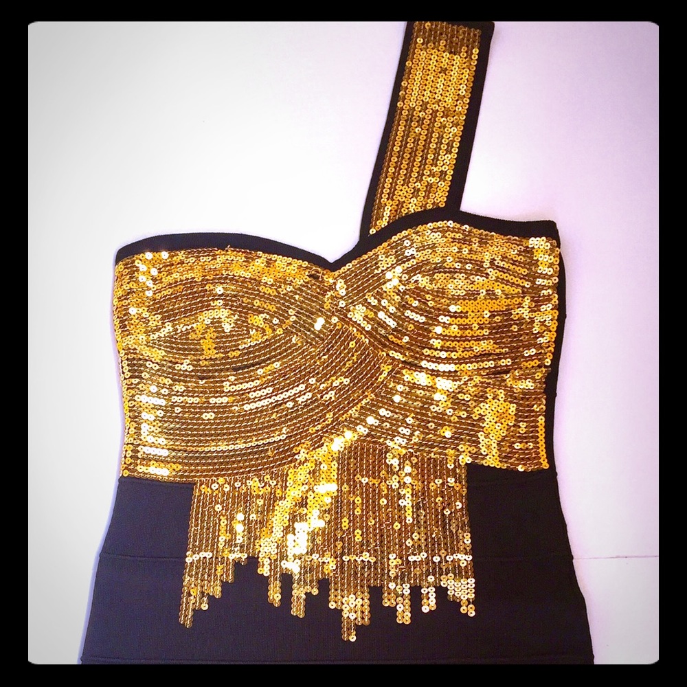 Bebe Black & Gold Sequined Bandeau Dress