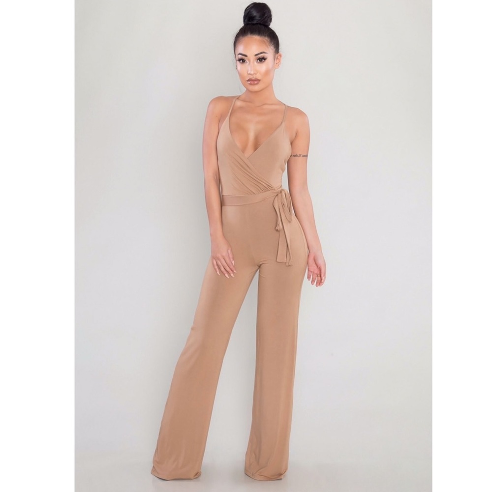 NWT RUCHED BACK CAMEL JUMPSUIT