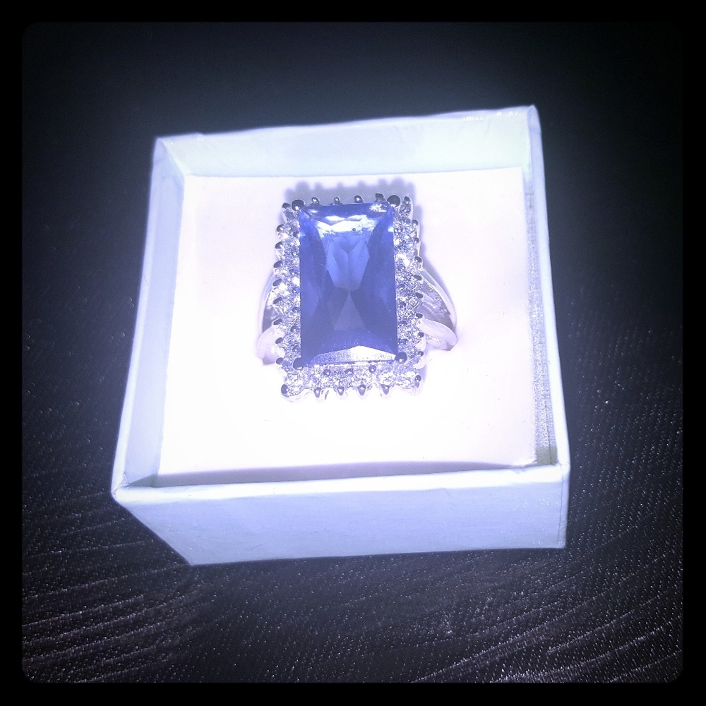 Huge Bling Blue Topaz CZ Ring - Size 8