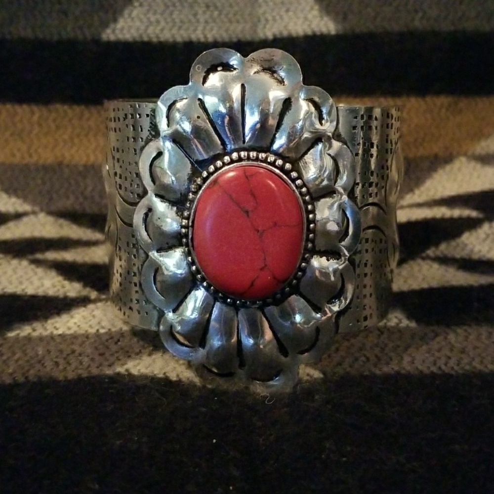 Silvertone Red Coral Cuff Bracelet