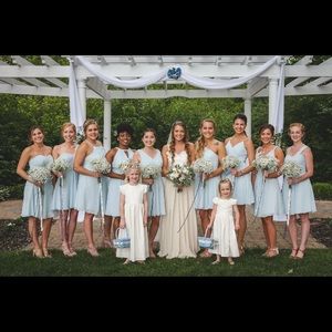 "Mist" color above knee bridesmaid dress
