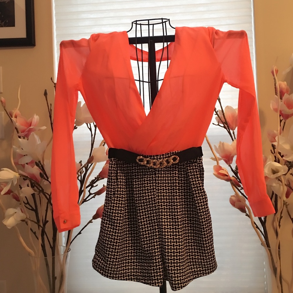 **SOLD** NEW Bright Coral, Black & White Belted Ro