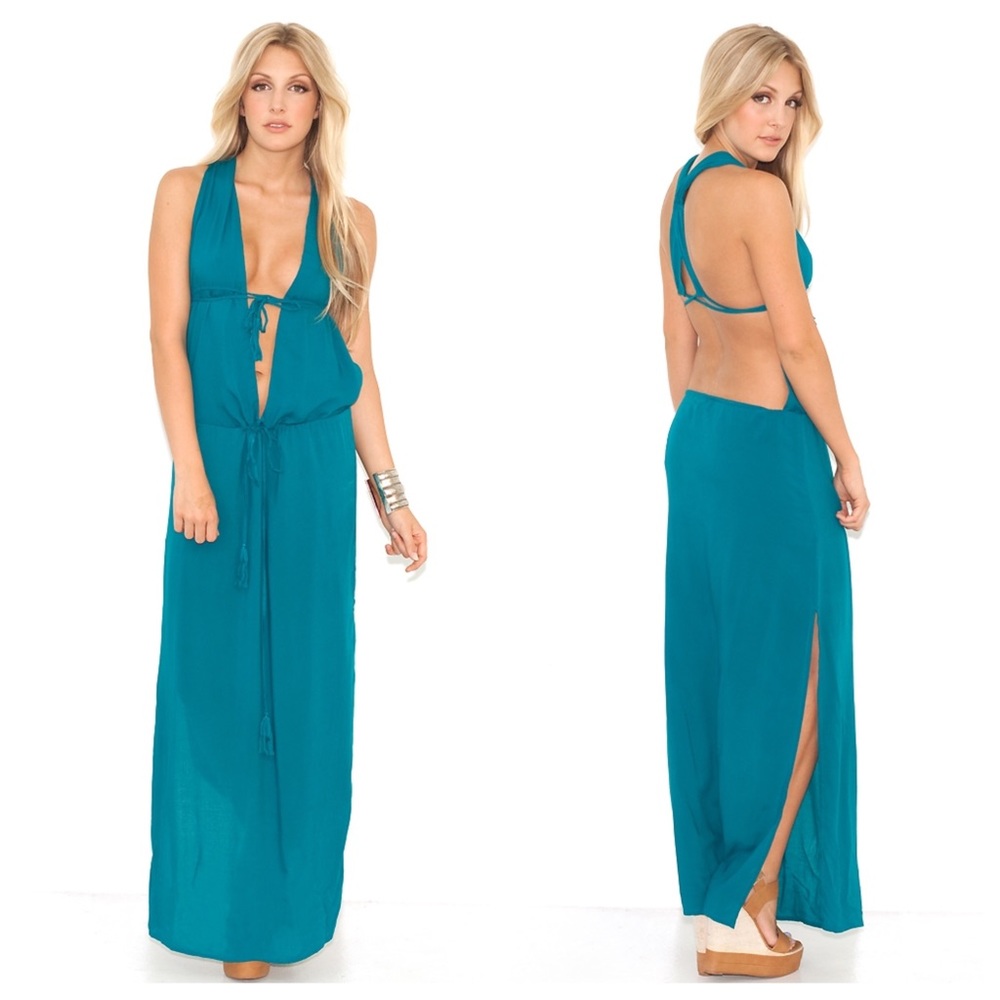 Indah white nyx maxi backless low cut plunge dress