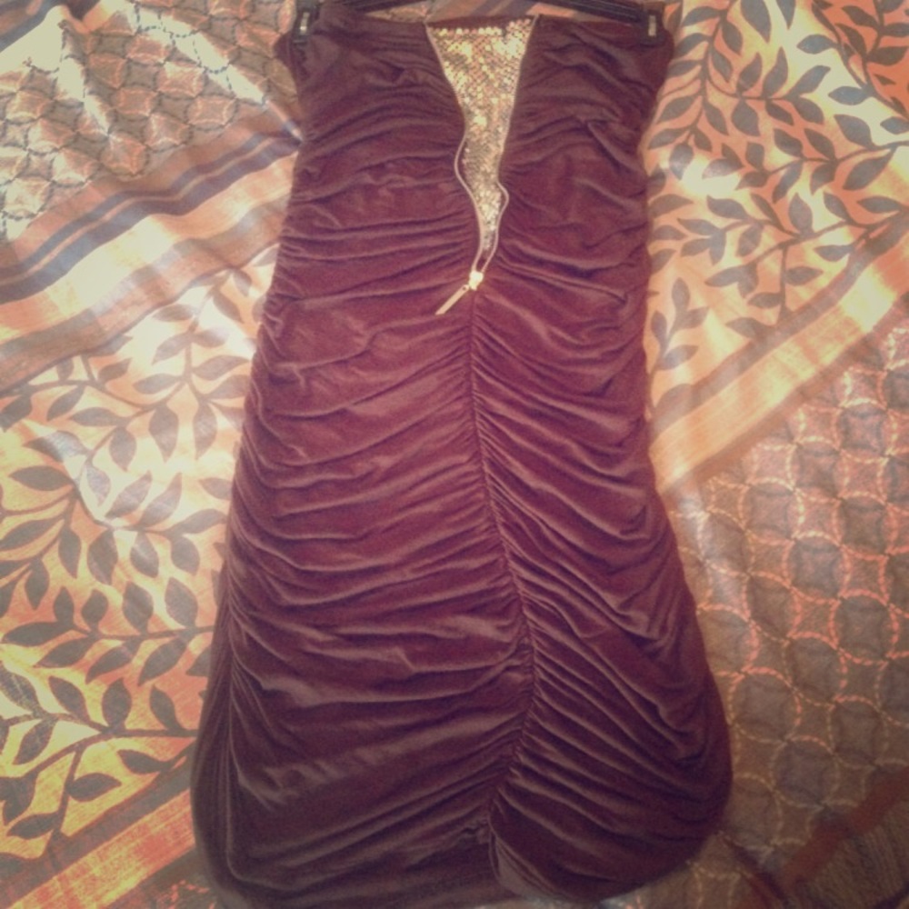 Brown scrunched dress with silver embellishments