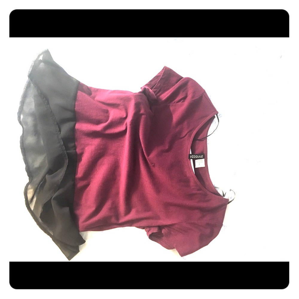 Tight fitted Maroon t with chiffon bottom.