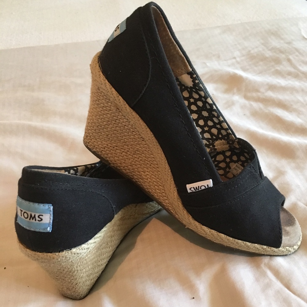 Black Toms Peep-toe Wedges