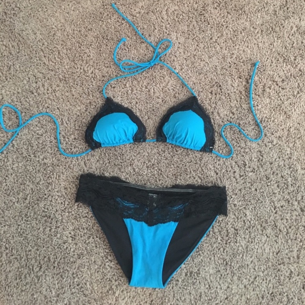 Pink Victoria's Secret blue and black lace bikini