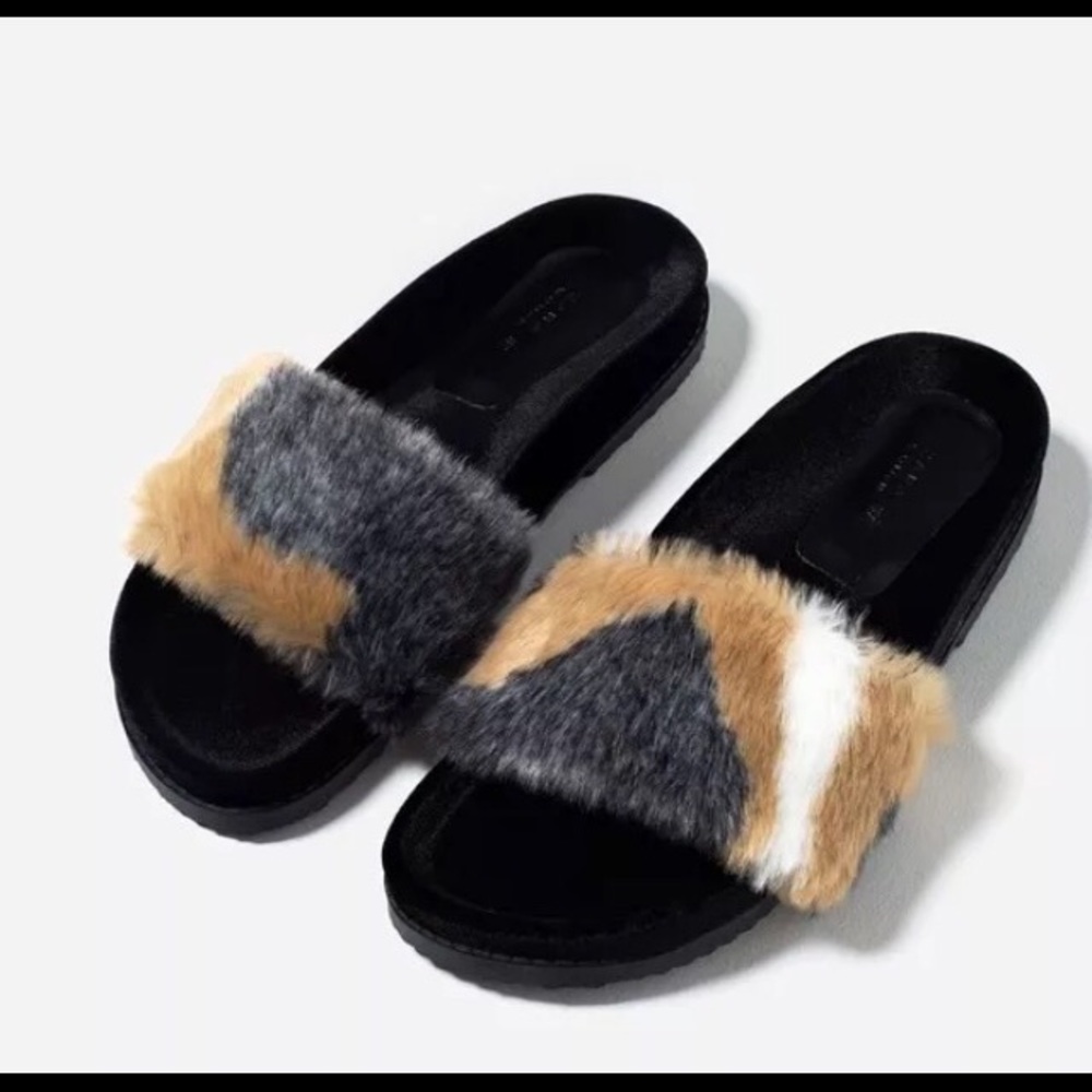 Brand New Zara Furry Slides 7.5 38 Faux Fur