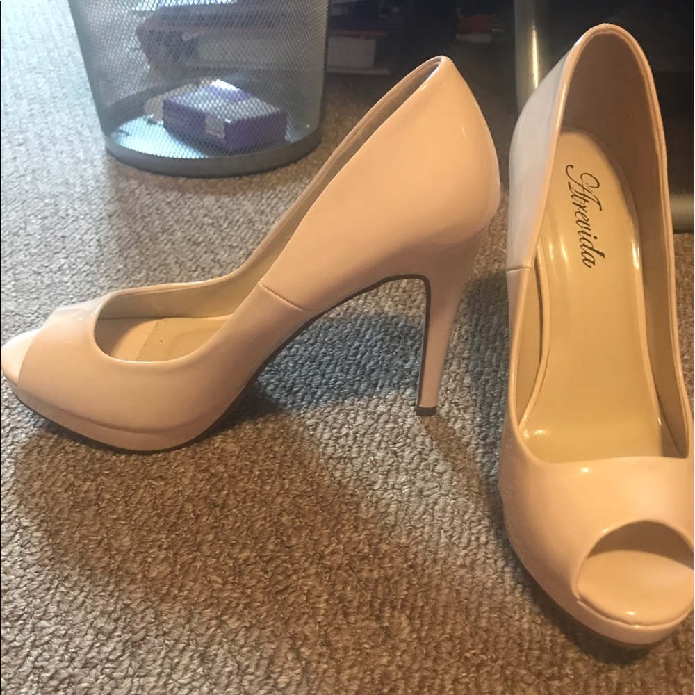 Nude peep toe platform heels