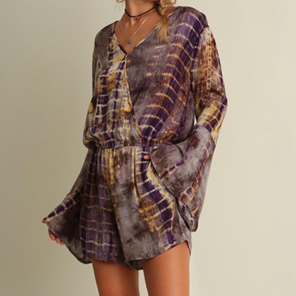 Purple and gold tie dye romper